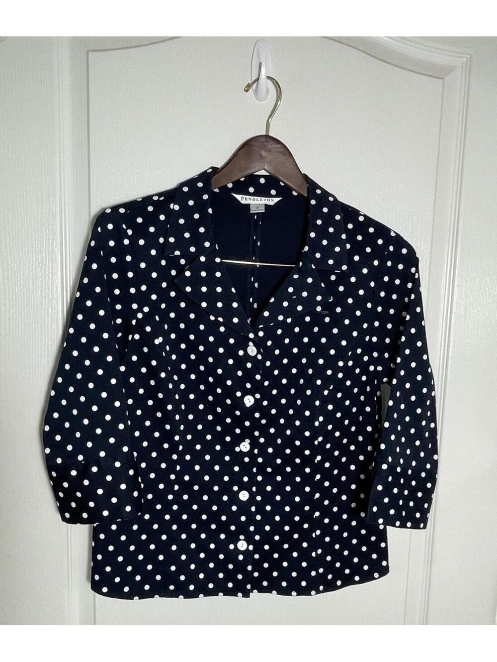 Pendleton Women's small crop  jacket 3/4 length sleeves Navy/white polka dots
